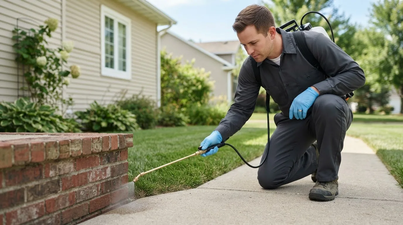 Pest control technician treating a home near Barnesville, MN