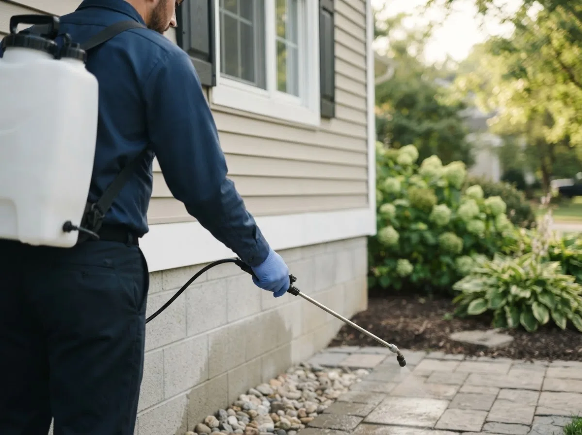 Pest control technician inspecting a home in Barnesville, MN